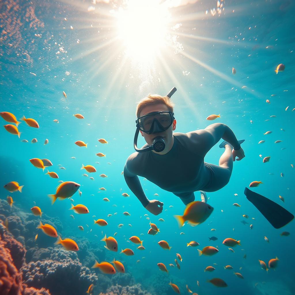 A hyper-realistic photograph of a man diving underwater amidst a vibrant coral reef, surrounded by a variety of colorful fish