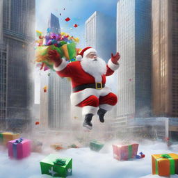 A dynamic image of Santa on his sleigh crashing through the window of a skyscraper, triggering a wild explosion of snow, colorful wrapped gifts, and scattering shards of glass.