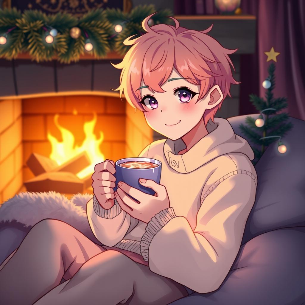 A charming androgynous boy (femboy) holding a cup of hot cocoa, sitting in a warm and cozy atmosphere