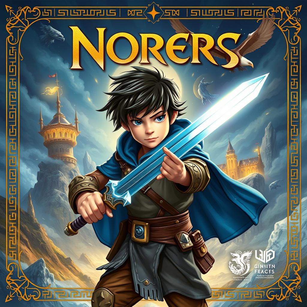 An enchanting cover illustration inspired by the themes of Norse mythology, featuring a young hero with tousled dark hair, clad in a leather armor and a vibrant blue cloak, wielding a glowing sword