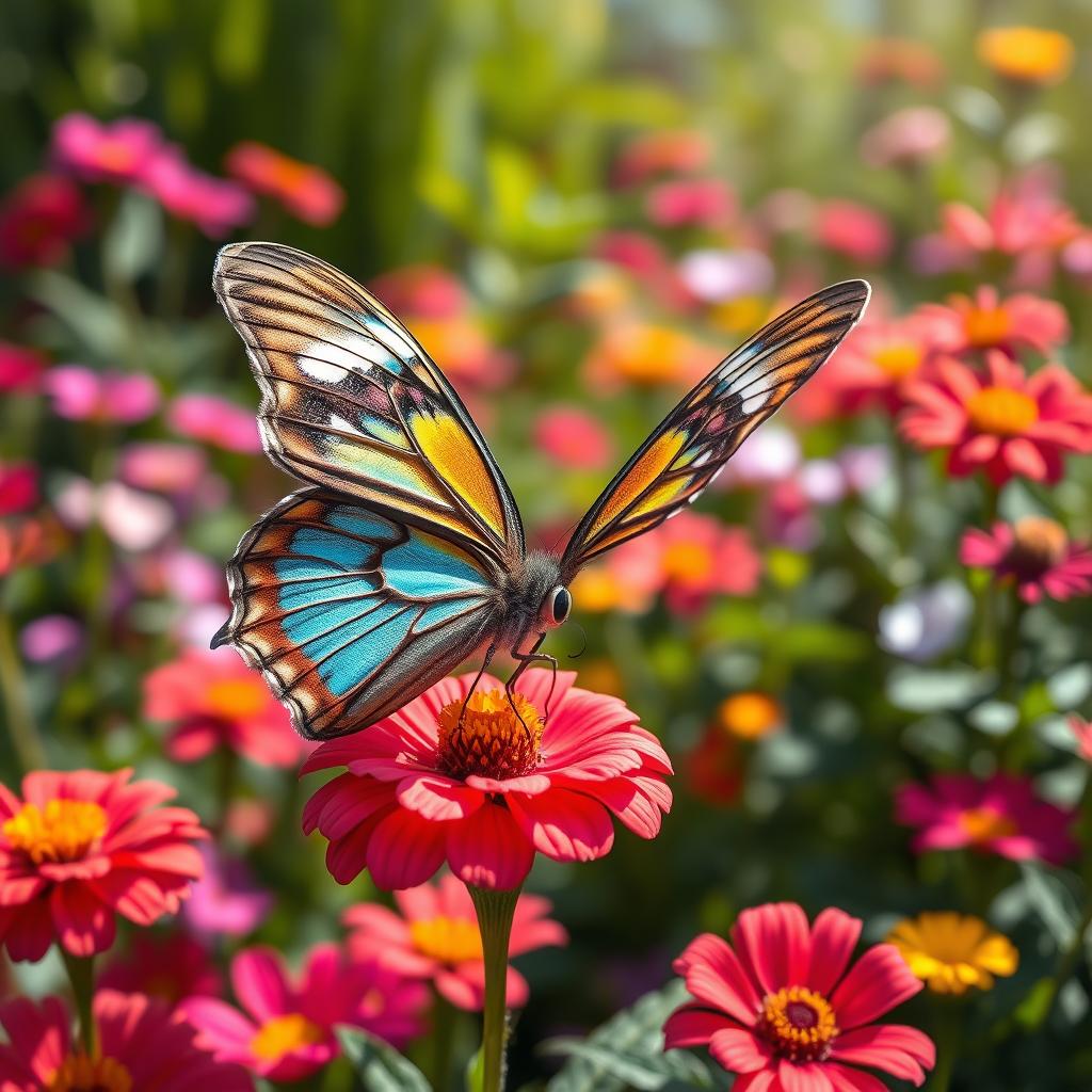 A hyper-realistic close-up photograph of a butterfly resting on a vibrant flower in a lush garden