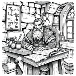 A detailed black and white drawing of a dwarven scribe in a traditional dwarven setting