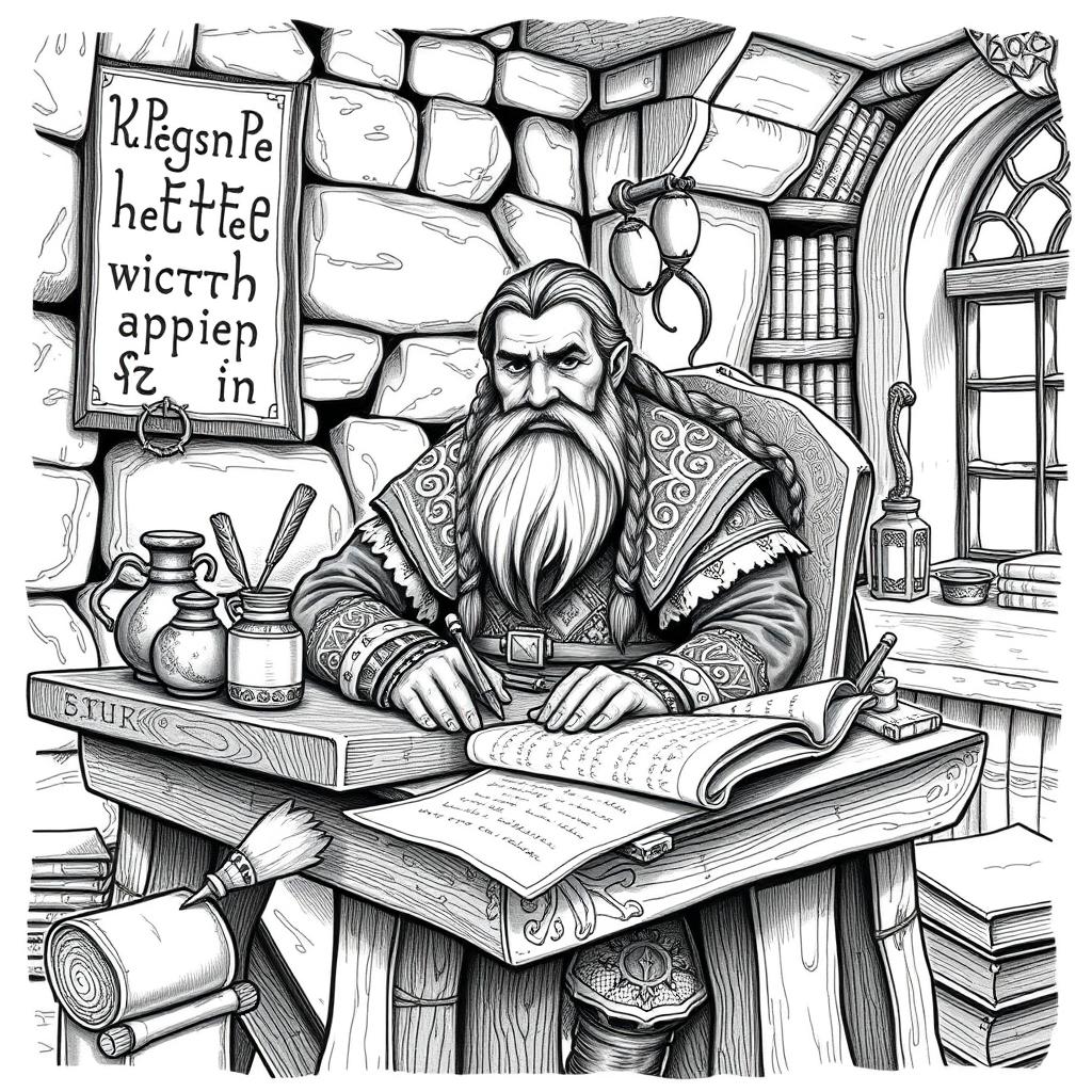 A detailed black and white drawing of a dwarven scribe in a traditional dwarven setting