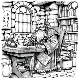A detailed black and white drawing of a dwarven scribe in a traditional dwarven setting