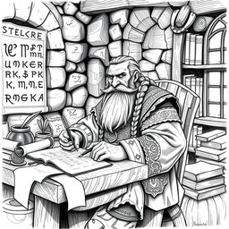 A detailed black and white drawing of a dwarven scribe in a traditional dwarven setting