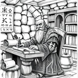 A detailed black and white drawing of a dwarven scribe in a traditional dwarven setting