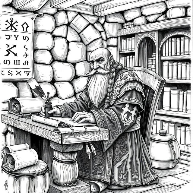 A detailed black and white drawing of a dwarven scribe in a traditional dwarven setting
