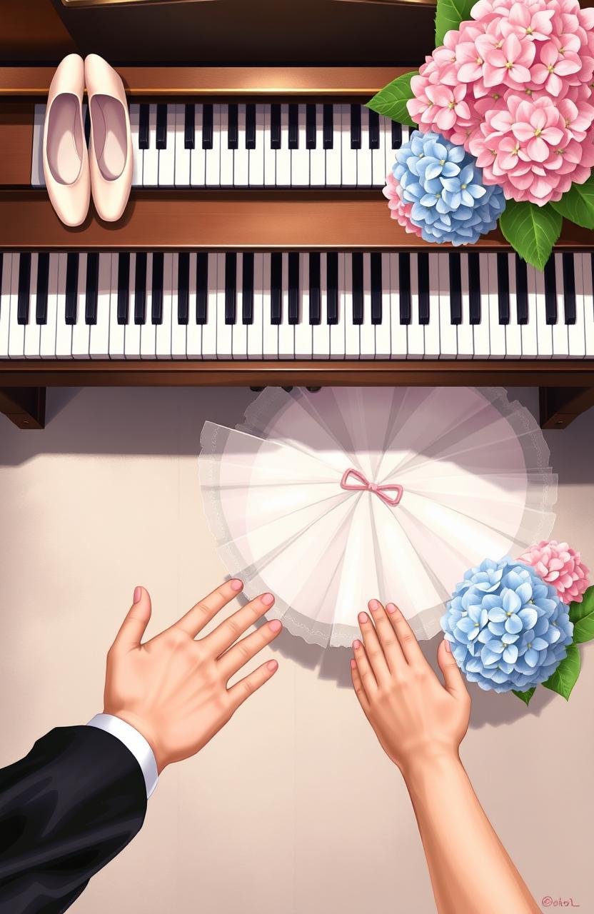 A digital semi-realistic illustration featuring the following details: At the bottom center, two hands viewed from above, one belonging to a boy, showing part of his tuxedo's sleeve, and the other belonging to a girl, showing part of her ballerina tutu