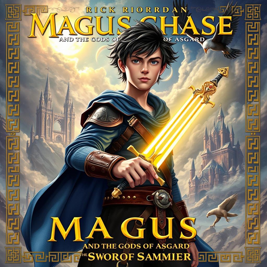 A realistic cover illustration inspired by Rick Riordan's 'Magnus Chase and the Gods of Asgard: The Sword of Summer', featuring a young hero with dark tousled hair, wearing rugged leather armor and a flowing blue cloak