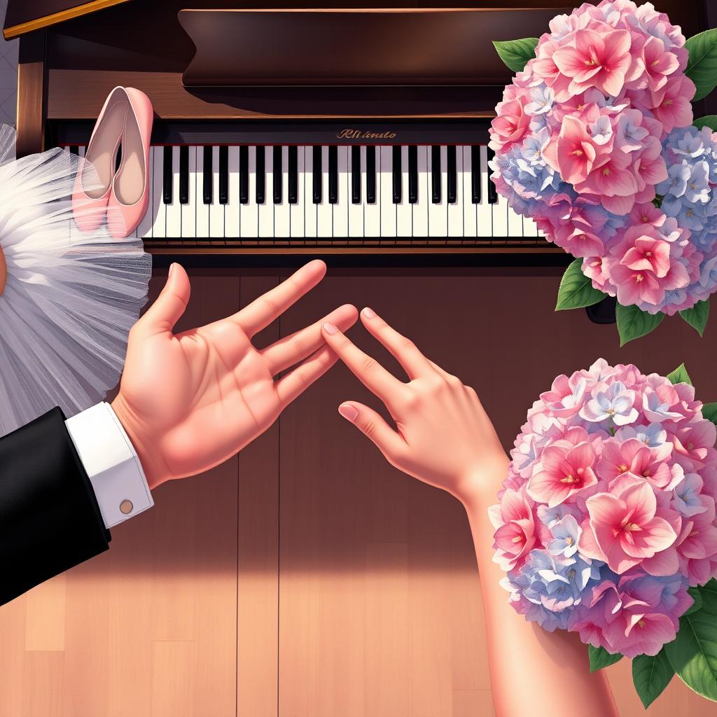 A digital semi-realistic illustration featuring the following details: At the bottom center, two hands are reaching out to grasp but do not touch, viewed from above