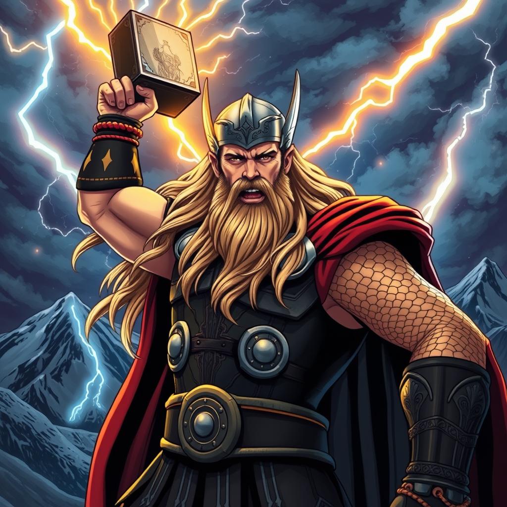 A powerful and dynamic illustration of Thor, the Norse god of thunder, depicted with long flowing blonde hair and a mighty beard, clad in traditional armor adorned with intricate Viking patterns