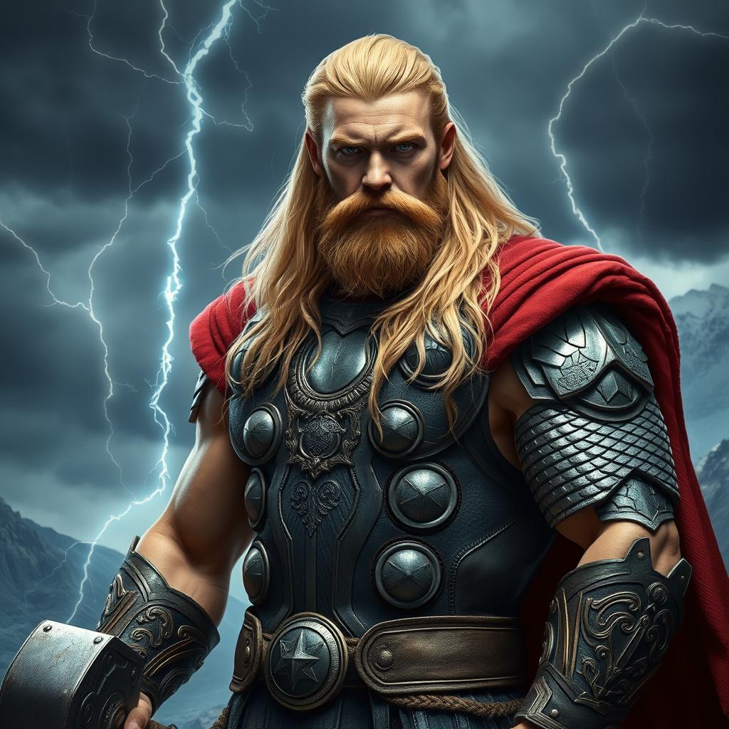 A hyper-realistic portrait of Thor, the Norse god of thunder, depicted as a muscular and imposing figure