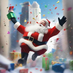 A dynamic image of Santa on his sleigh crashing through the window of a skyscraper, triggering a wild explosion of snow, colorful wrapped gifts, and scattering shards of glass.