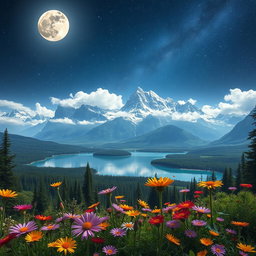A captivating fantasy landscape featuring a serene mountain range under a starry night sky