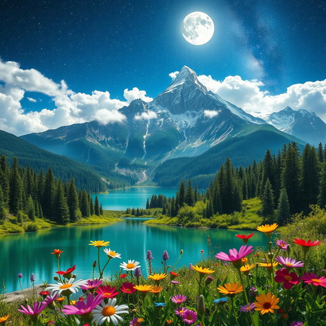 A captivating fantasy landscape featuring a serene mountain range under a starry night sky