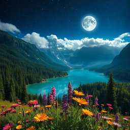 A captivating fantasy landscape featuring a serene mountain range under a starry night sky