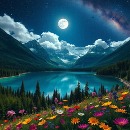 A captivating fantasy landscape featuring a serene mountain range under a starry night sky