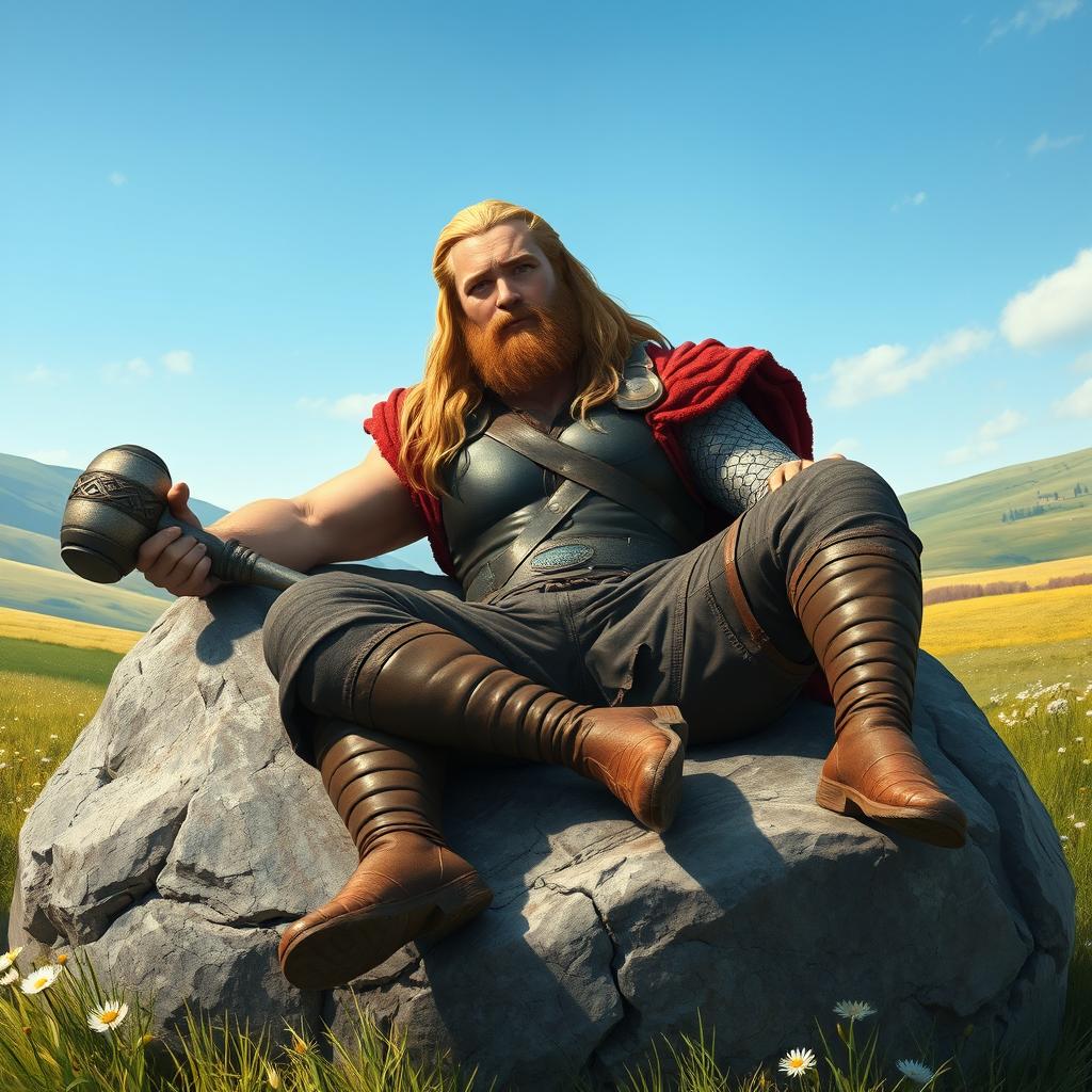 A hyper-realistic depiction of Thor, the Norse god of thunder, looking relaxed and lazy