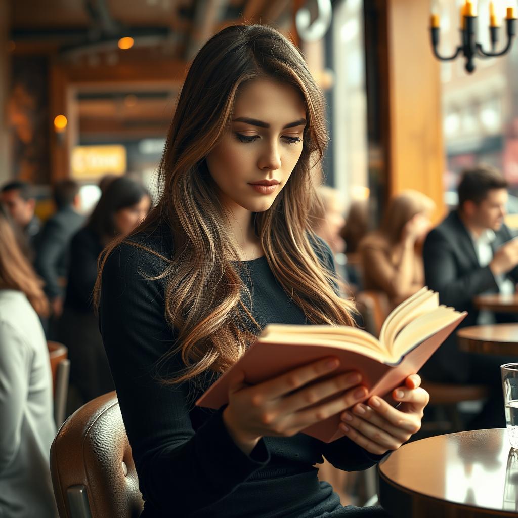A hyper-realistic image of a beautiful young woman reading a book in a bustling New York City café
