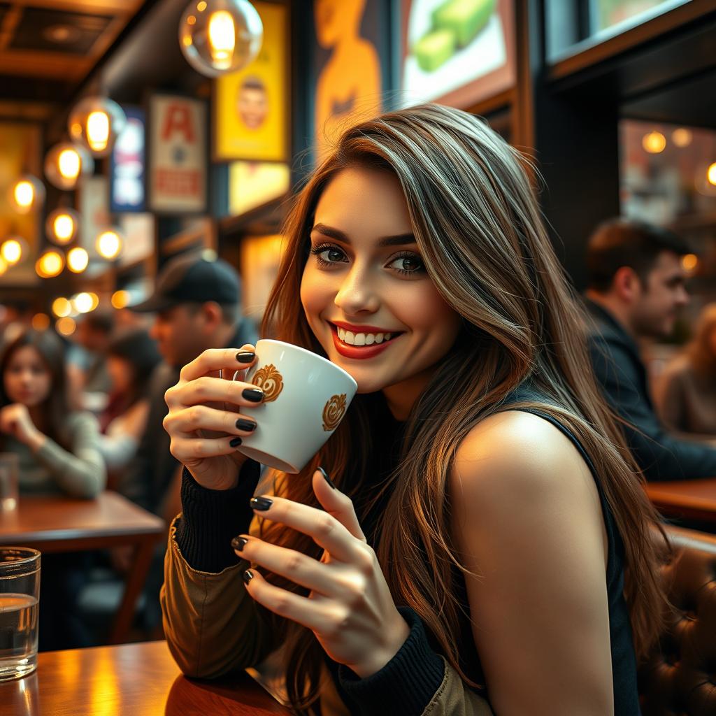 A hyper-realistic image of a beautiful young woman enjoying a cup of coffee in a bustling New York City café