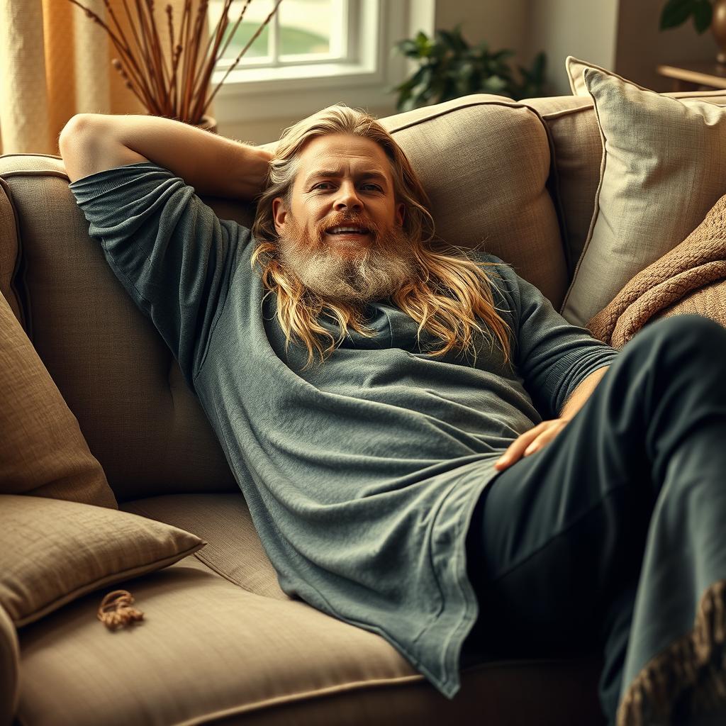 A hyper-realistic scene of Thor, the Norse god of thunder, lazily lying on a plush couch
