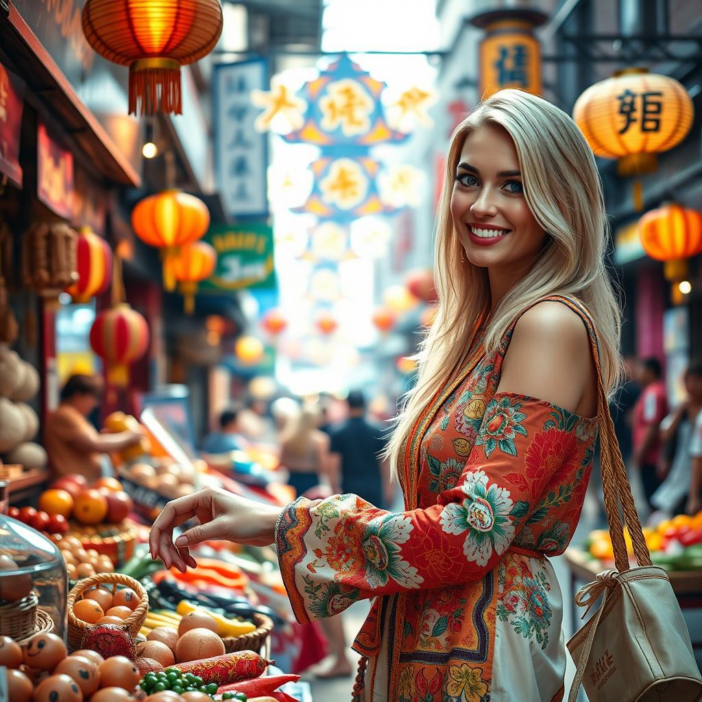 A hyper-realistic image of a stunningly beautiful blonde woman shopping in Chinatown