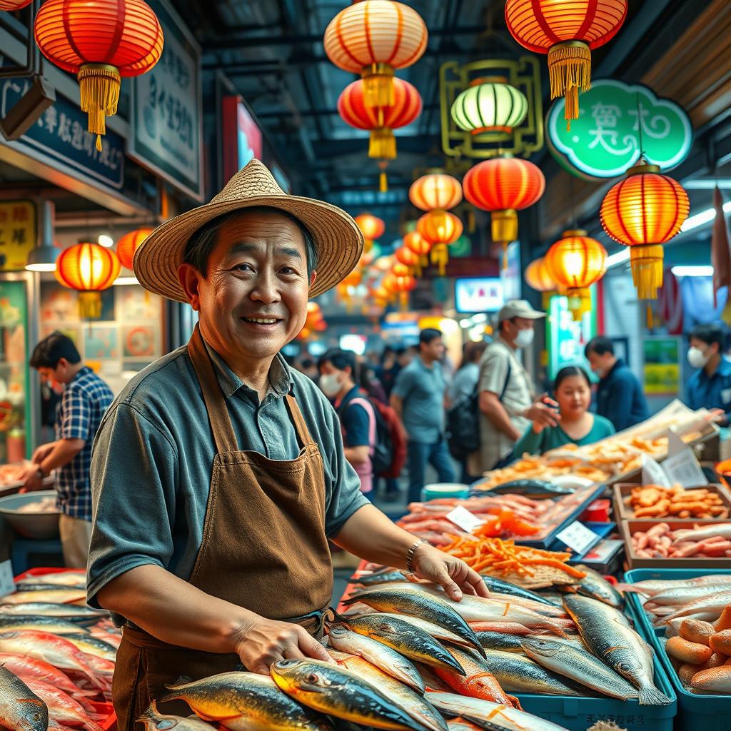A hyper-realistic image of a Japanese man selling fish in a vibrant Chinatown setting