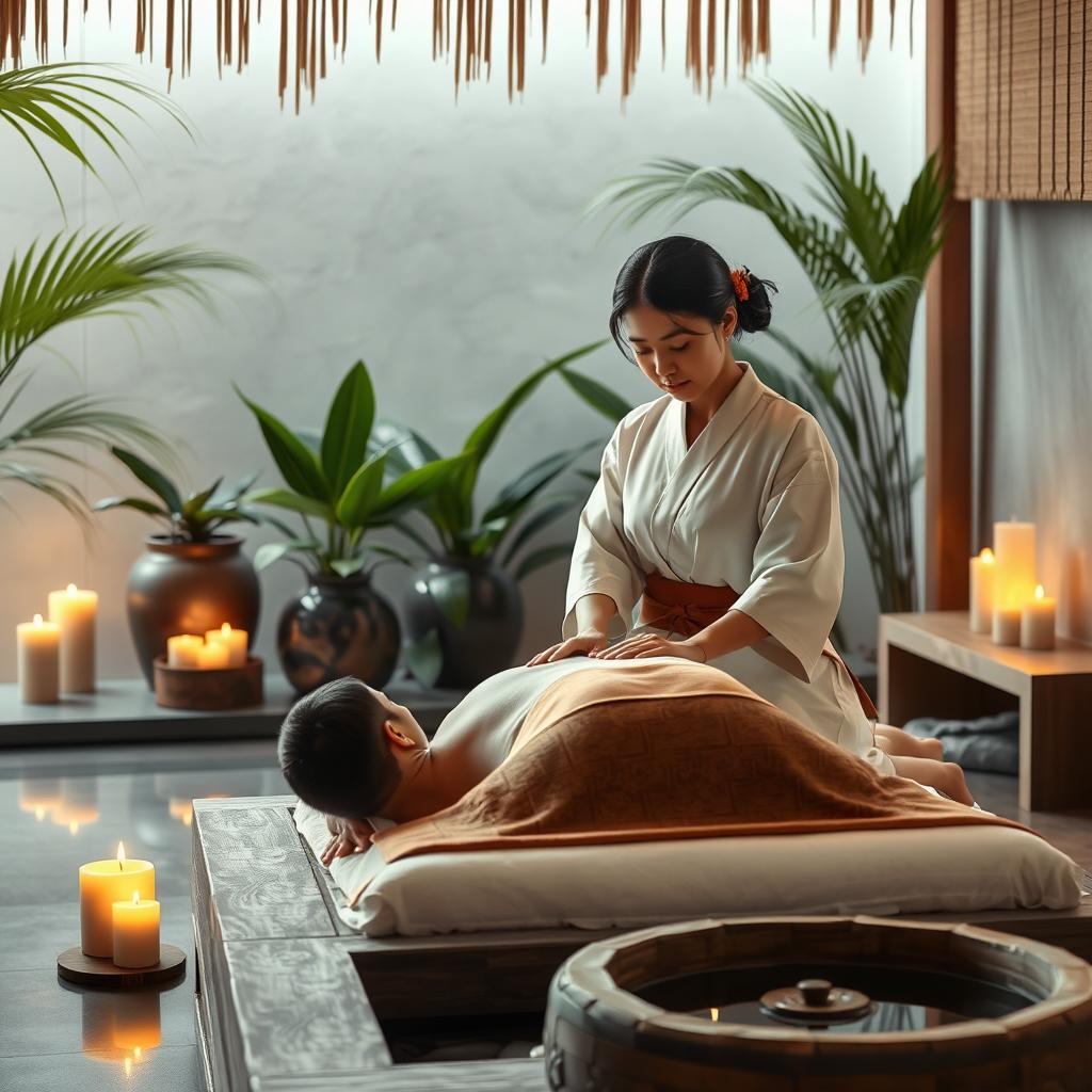 A hyper-realistic image of a Japanese massage therapist providing a relaxing massage in a serene setting in Indonesia