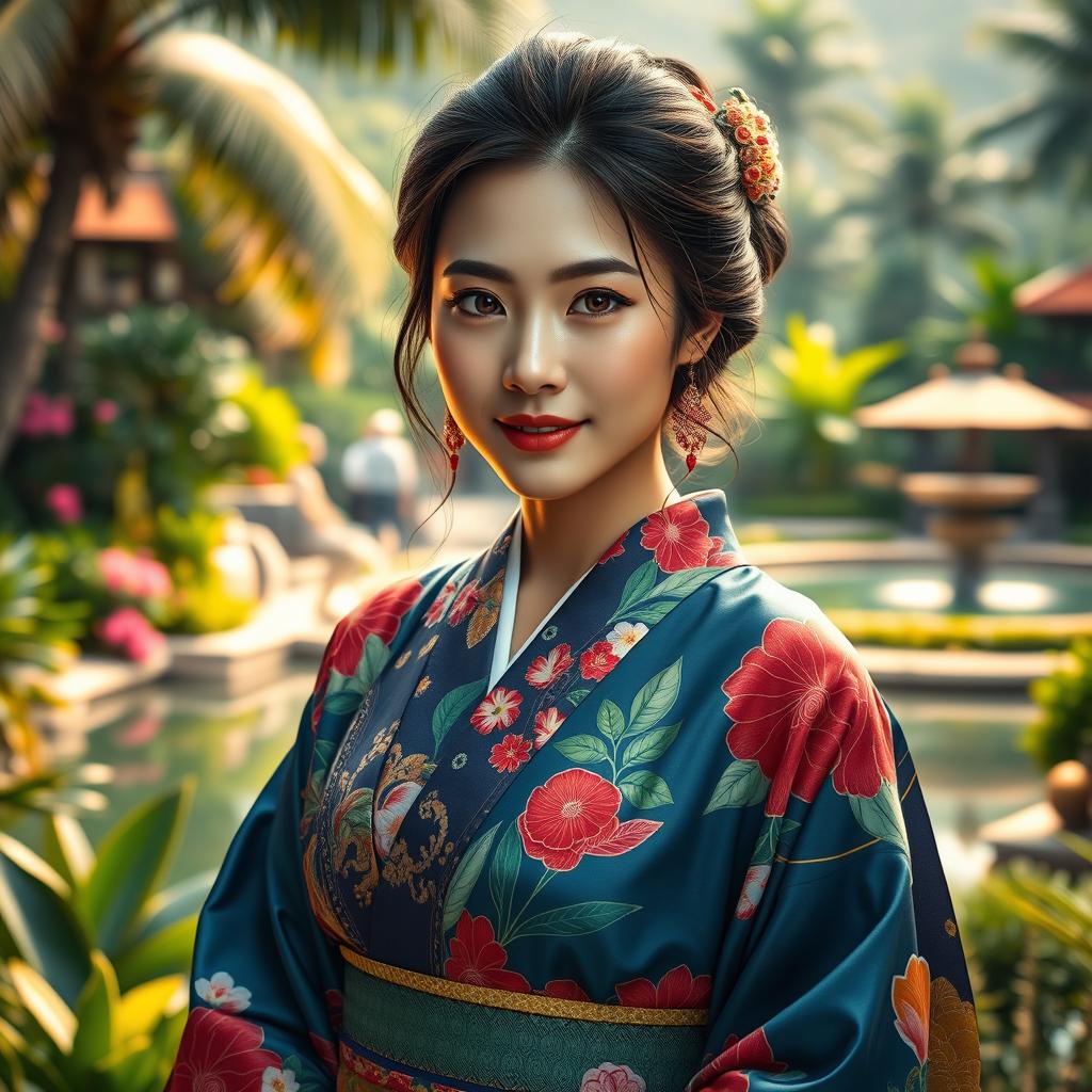 A hyper-realistic image of a stunningly beautiful Japanese woman in Indonesia