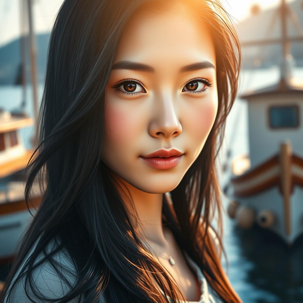 A hyper-realistic close-up photo of a stunningly beautiful Japanese woman at an Asian port