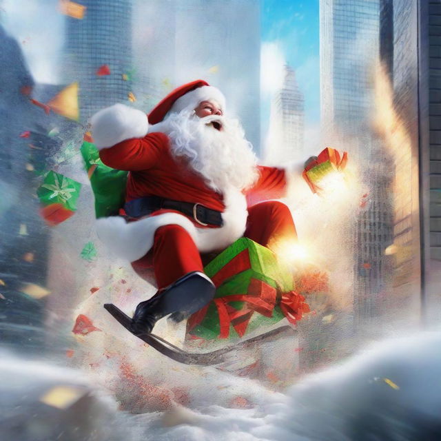 A dynamic image of Santa on his sleigh crashing through the window of a skyscraper, triggering a wild explosion of snow, colorful wrapped gifts, and scattering shards of glass.