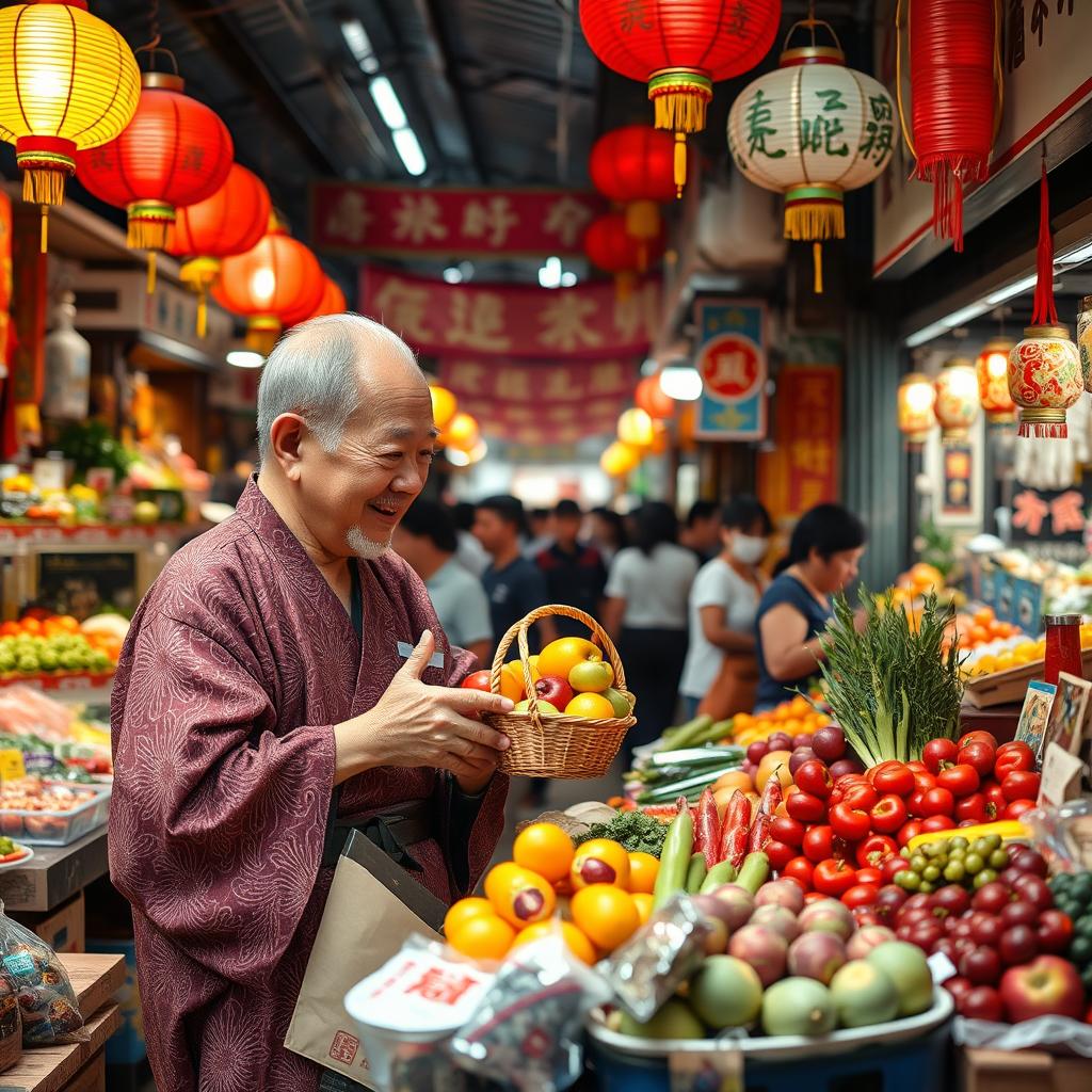 An elderly Japanese man browsing through items at a vibrant Chinese market, surrounded by colorful stalls filled with traditional goods, fresh produce, and festive decorations