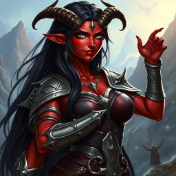A tall female tiefling with red skin and long black hair, striking a heroic pose