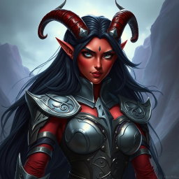 A tall female tiefling with red skin and long black hair, striking a heroic pose
