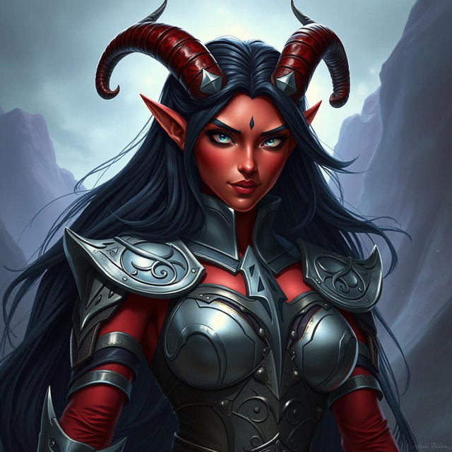A tall female tiefling with red skin and long black hair, striking a heroic pose