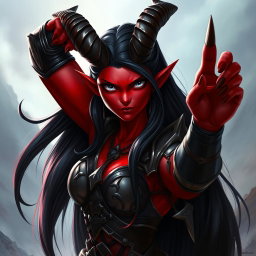 A tall female tiefling with red skin and long black hair, striking a heroic pose