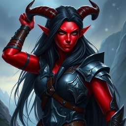 A tall female tiefling with red skin and long black hair, striking a heroic pose