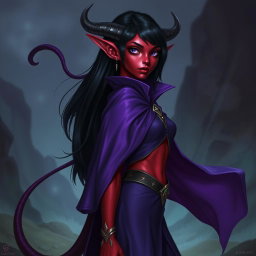 A tall female tiefling with vibrant red skin and sleek black hair, showcasing her full silver eyes without pupils, giving her an otherworldly appearance