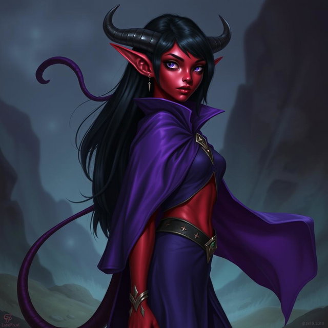 A tall female tiefling with vibrant red skin and sleek black hair, showcasing her full silver eyes without pupils, giving her an otherworldly appearance