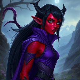 A tall female tiefling with vibrant red skin and sleek black hair, showcasing her full silver eyes without pupils, giving her an otherworldly appearance