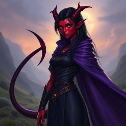 A tall female tiefling with vibrant red skin and sleek black hair, showcasing her full silver eyes without pupils, giving her an otherworldly appearance