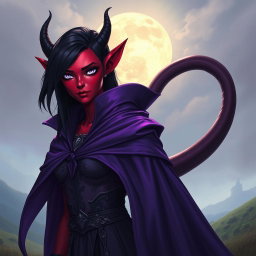 A tall female tiefling with vibrant red skin and sleek black hair, showcasing her full silver eyes without pupils, giving her an otherworldly appearance