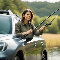 A tall brunette woman confidently driving a Subaru Outback, with a fishing rod arranged along the vehicle.