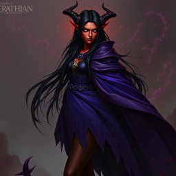 A tall female tiefling necromancer with striking red skin and long black hair, exuding an aura of dark magic