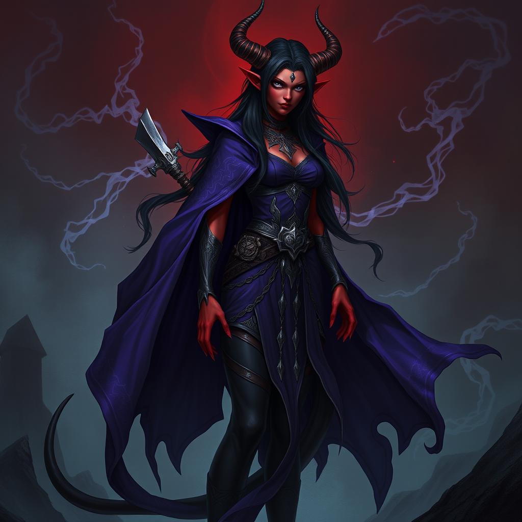 A tall female tiefling necromancer with striking red skin and long black hair, exuding an aura of dark magic