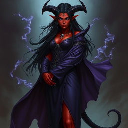 A tall female tiefling necromancer with striking red skin and long black hair, exuding an aura of dark magic