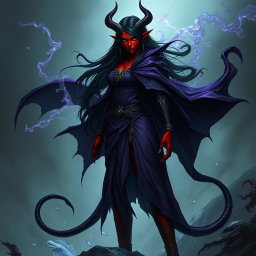 A tall female tiefling necromancer with striking red skin and long black hair, exuding an aura of dark magic