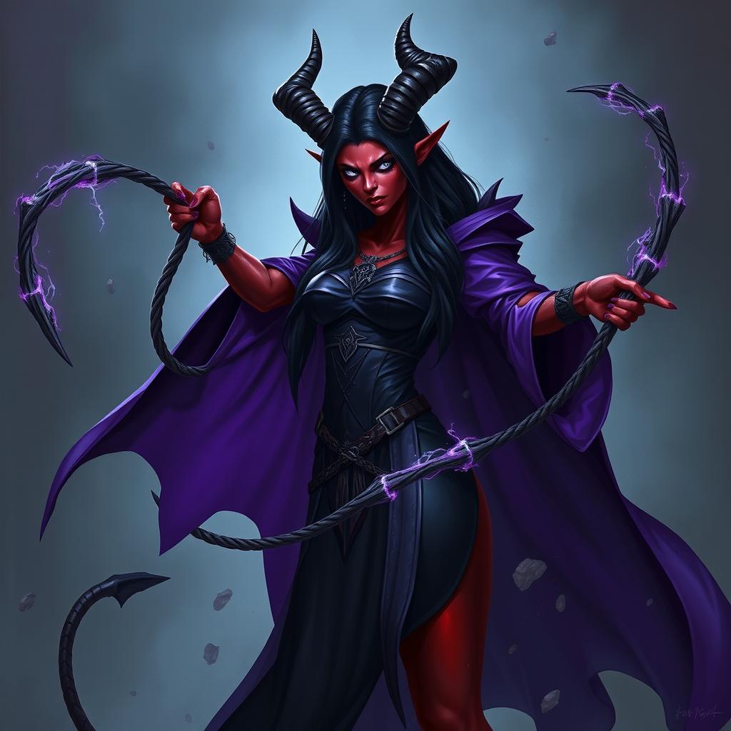 A tall female tiefling with red skin and long black hair, showcasing large horns protruding from her forehead