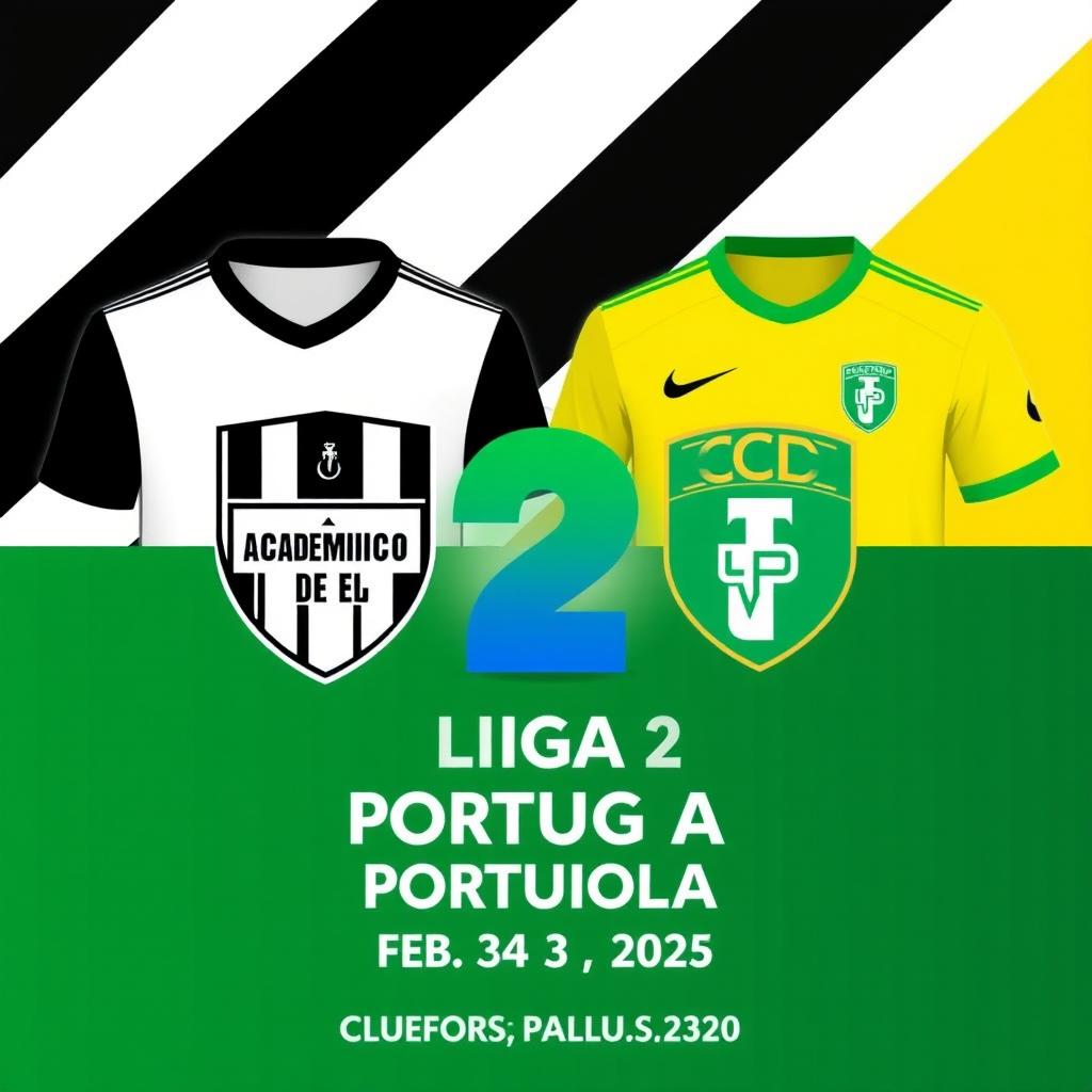 A graphic design concept for a football match poster featuring Académico de Viseu vs CD Tondela in Liga Portugal 2 on February 23, 2025, at 15:30