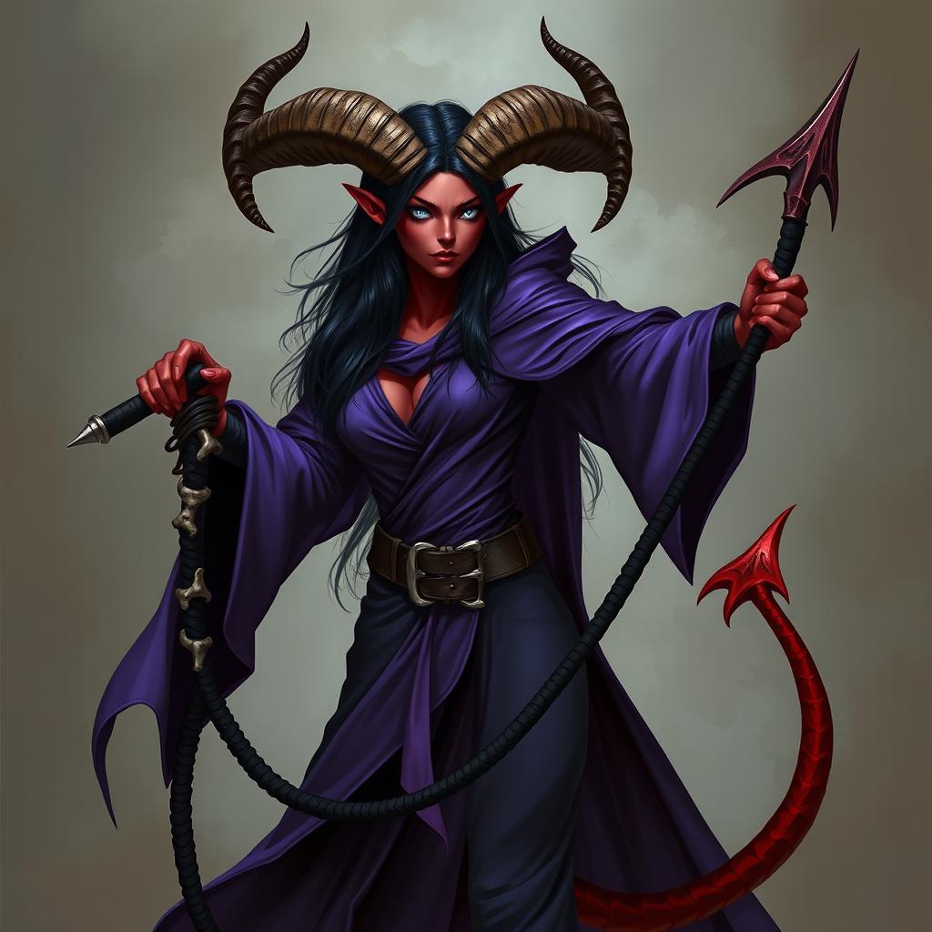 A tall female tiefling with red skin and long black hair, featuring large ram-like horns extending from her forehead